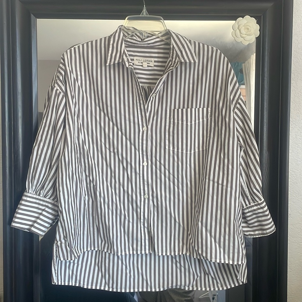 Nili Lotan White and Black Striped Button-Down Shirt
